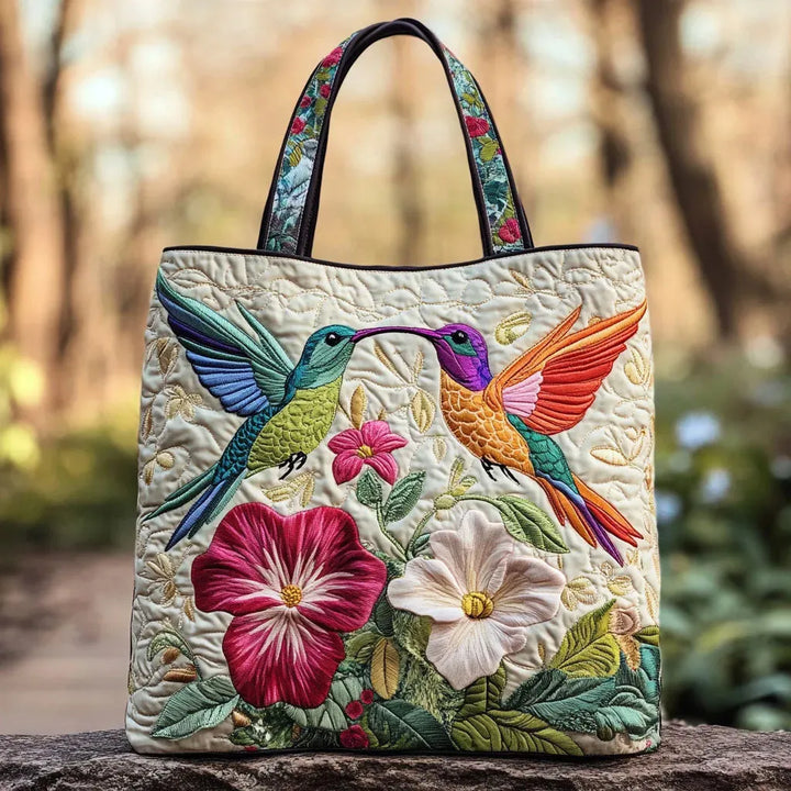 Padded Tote Bag - Hummingbird and White Flowers