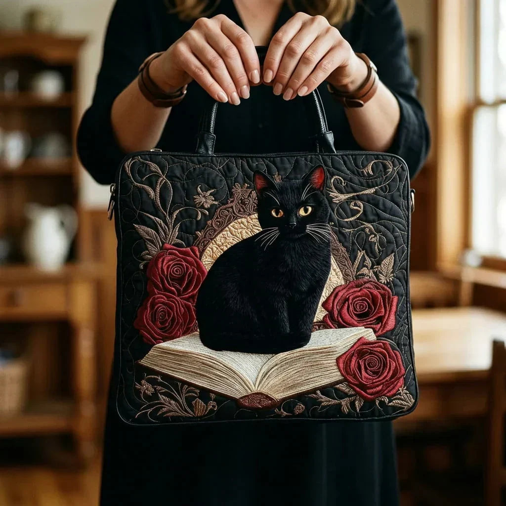 Padded Tote Bag - Black Cat on Books